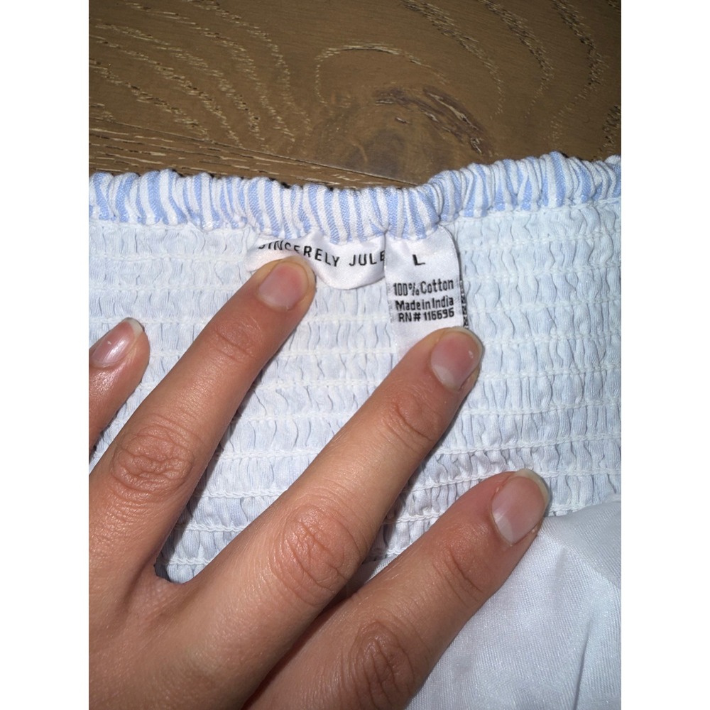 Sincerely Jules Blue White Seersucker Smocked Bubble Hem Strapless Mini‎ Dress L - Picture 2 of 4